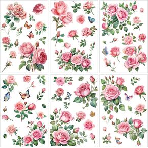gisgfim 12 Sheets Flowers Rub on Transfers for Crafts and Furniture Rose Floral Transfer Stickers Spring Butterfly Vintage Iron On Transfers Decals for DIY Wood Paper Cabinet Home Office Decor 12x6in