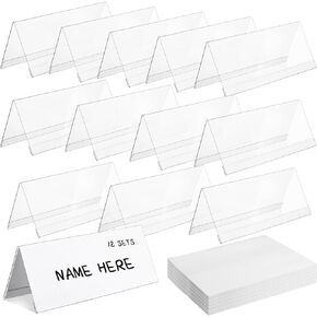 Harloon 12 PCS Acrylic Name Plate Mostuders 11 "X 4.25" خيمة الاسم البلاستيكي الشفاف مع 12 علامة فارغة لمكتب Table Business Contrace Room School School Card Card Label