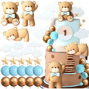 Jevenis Luxury Blue Bear Cake Decoration Blue Gold Balls Cake Topper Bears Cake Cake Decoration Baby Shower Decoration