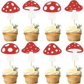 24PCS Red Mushroom Cupcake Toppers Red Mushroom Theme Cake Topper Happy Birthday Cake Toppers Decorations for Girls Boys Baby Shower Decor Supplies