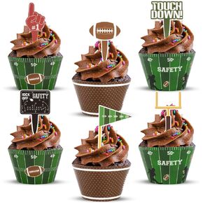 Hooqict 48 Pack Football Cupcake Toppers and Wrappers Football Cupcake Decorations Football Game Day Party Supplies Cupcake Picks for Sports Theme Birthday Party Decorations