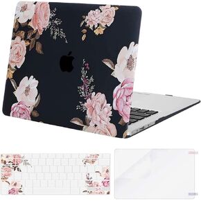 MOSISO Compatible with MacBook Air 13 inch Case (A1369 & A1466, Older Version 2010-2017 Release), Plastic Peony Hard Shell Case & Keyboard Cover & Screen Protector, Black