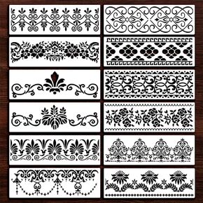 12Pcs Border Stencils Flower Stencil Template Plastic Edge Painting Stencils Reusable Art Stencils Floral Edge DIY Craft Drawing Template for Card Scrapbooking Painting on Wood Wall Floor Canvas Decor