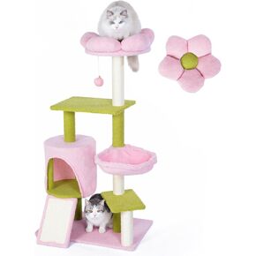 Flower cat Tree，46 Inches Medium Cat Tower with Steel Frame Hammock and 3 Scratching Posts, Floral Cat Tree with 1 Condos and Perches for Medium Indoor Cats - Pink
