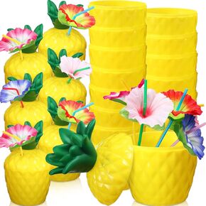 Irenare 42 sets Plastic Tropical Pineapple Drink Cups with Lids and Flower Straws, Hawaii Party Cups for Hawaiian Luau Party Summer Beach Party Supplies Decoration