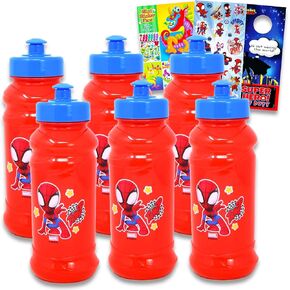Spidey Reusable 16 oz Water Bottle 6 Pack - Spiderman Dinnerware Bundle with 6 Spiderman Reusable Cups Plus Stickers, Activity Book for Girls, Boys | Spidey and Friends Party Supplies