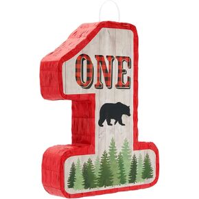 BLUE PANDA Number 1 Pinata for Kids Lumberjack First Birthday Decorations, Red/Black Buffalo Plaid (16.6 x 13 x 3 In)