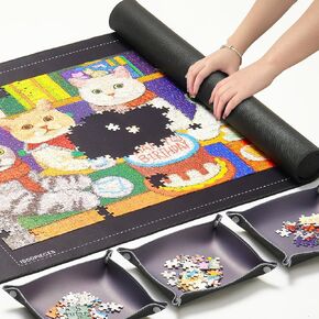 Jigsaw Puzzle Mat Roll Up, Saver Pad 46" x 26 ", with 3 Sorting Trays & Travel Storage Bag,Portable Keeper Up to 1500 Pieces with Non-Slip Rubber Bottom