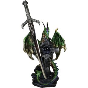 Ebros Gift Legendary Celtic Metallic Green Earth Dragon Holding High Cross with Blue Orb and Draconian Claw Sword Letter Opener Figurine Home Office Decorative Sculpture Medieval Dungeons Dragons