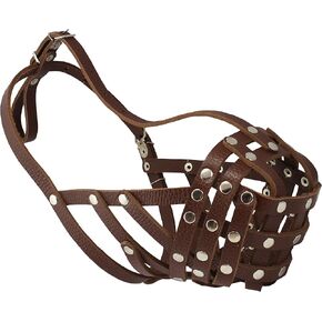 Secure Leather Mesh Basket Dog Muzzle #14 Brown - Boxer, English Bulldog (Circumference 13", Snout Length 3")
