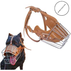 HITNEXT Basket Dog Muzzle for Biting, Metal Leather Dog Muzzle for Medium Large Dog, Brown Adjustable Muzzle with Leather Puncher for no Barking, Biting & Chewing(L)