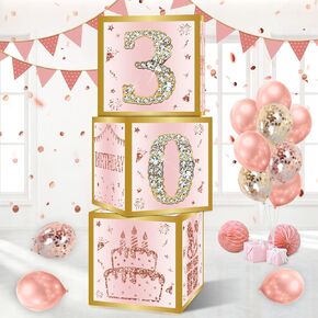 30th Birthday Decorations Boxes for Women - 3PCS Pink Rose Gold Happy 30th Birthday Balloons Boxes,Thirty Year Old Birthday Theme Cardboard Box Decor