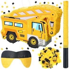 Ferraycle Construction Truck Piñata للأولاد حفارة DART الصغيرة Piñata لحفلات عيد ميلاد الحزمة مع الخفافيش معصوب العينين واللحفات جرارات الرافعة piñata لتوفيات الحفلات