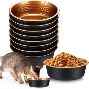 8 Pcs Hammered Stainless Steel Dog Bowls Dishwasher Safe Heavy Duty Less Sliding Deep Metal Food Water Bowls for Pets Dogs Cats Easy to Clean(Black Gold,32 Oz, 6.9 Dia)