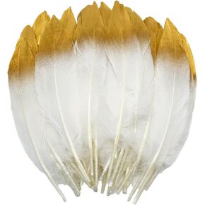 50 Pcs Gold Tipped White Goose Feathers Natural Feathers 6-8 Inch for Craft Christmas Tree Angel Wings Apparel Gothic Costumes Decration (White)