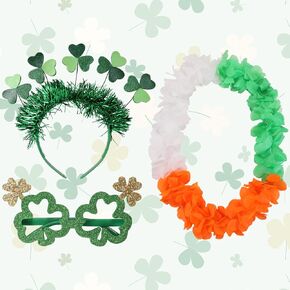 PinkSheep St Patricks Day Accessories: Irish Headband, Shamrock Glasses & St.Patricks Day Necklace Leis - St Patricks Day Gifts for Kids - 3Pcs St Patricks Day Outfit for Party Supplies Green