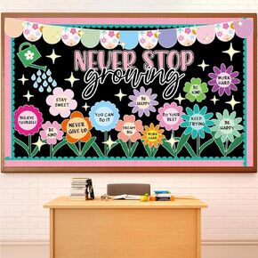 Never Stop Growing Bulletin Board Classroom Decorations Spring Flowers Cutouts Positive Paper Cutouts for Teacher Back to School Office Home Chalkboard Inspirational Door Wall Decor Supplies