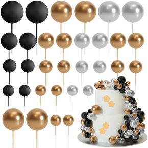 32PCS Balls Cake Topper Picks Balloons Cupcake Topper DIY Cake Decor Foam Balls Baking Decoration for Wedding Anniversary Birthday Supplies (Purple, White, Gold)
