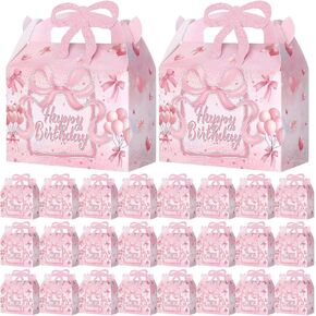 24Pcs Coquette Pink Bow Party Favor Boxes Pink Bow Treat Boxes Glitter Bow Candy Gift Boxes Coquette Happy Birthday Decorations for Women Birthday Party Supplies Wedding Bachelorette Party