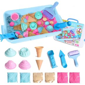 Eaistose Play Sand Kit,16pcs Ice Cream Sensory Toys,3.3lb Color Sand, 6 Molds, 3 Tools, 1 Sensory Sandboxes,Sensory Bin Sets for Girls Boys Ages 3+