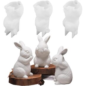 3 Pcs Rabbit Resin Molds, Hear-no, Speak-no, See-no Bunny Silicone Moulds, Cute 3D Animal Silicone Molds for Epoxy Resin Crafts, Soap, Clay, Candle Making, Home Office Cabinet Desktop Decor