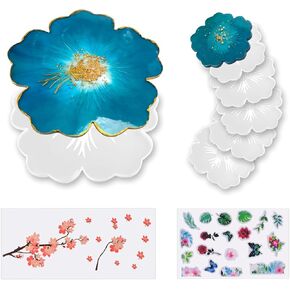 Large Flower Resin Molds for Tray and Coaster Casting, 1pc Plate Silicone Mold, 5pcs Floral Coaster Epoxy Moulds, Realistic Papers for DIY