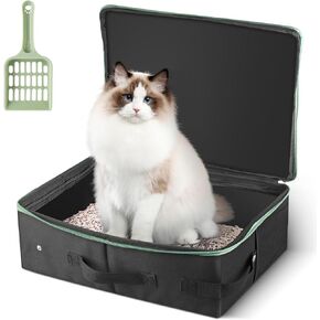 Cat Travel Litter Box with Zipped Lid 15.7x11.8x5.5 Inches, Portable Mobile Litter Box for Medium Large Cats, Leak-Proof Kitty Litter Box Collapsible for Car Travel Hotel Car