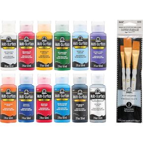 FolkArt Varsity Hues Acrylic Paint Kit, 15 Piece Set Includes 12 Multi-Surface Colors and 3 Premium Flat Brushes