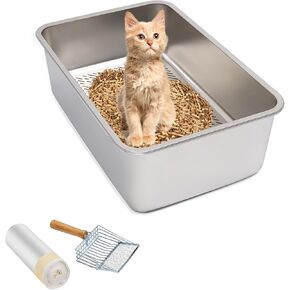 Stainless Steel Sifting Cat Litter Box, XL High-Sided, Anti-Leakage, Easy Clean, 23.6" L x 15.9" W x 8" H，Includes Scoop & Liner, Ideal for Big Cats & Pine Pellets