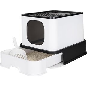 RIZZARI Enclosed Cat Litter Box with Lid, Large Foldable Litter Box with Litter Scoop, Top Entry Cat Toilet for Kittens and Big Cats (Black,Plastic, Large)