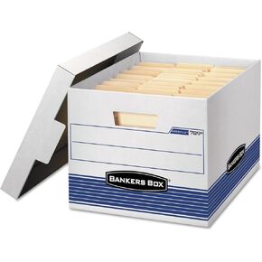 Bankers Box 0078907 STOR/FILE Med-Duty Letter/Legal Storage Boxes, Locking Lid, White/Blue, 4/Carton