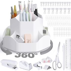 Desk Accessories, Office Supplies 360°Degree Rotating Pen Holder Desk Organizers and Accessories with Tape Dispenser, Stapler, Staple Remover, Staples, Tape, Clips Set, Ruler, Scissor, Pen