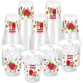100 PCS الفراولة البلاستيك أكواب ، 12oz الفراولة يمكن التخلص من أكواب التخلص منها لحفلة عيد ميلاد الصيف الربيع