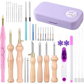 37Pcs Punch Needle Kit, Punch Needle Tool with Adjustable Punch Needle, Metal Handle with Various Size Needles for Adult Beginner Embroidery Cross Stitching DIY Craft Decoration(Purple)