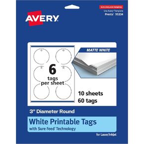 Avery Printable Round Tags with Sure Feed Technology, 3" Diameter, Matte White Cardstock, Print-to-the-Edge, Laser/Inkjet, 60 Total, Great for Custom Gift Tags and Branding Tags