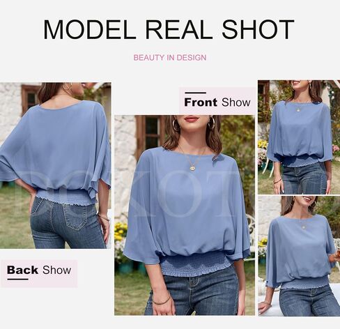 Dokotoo Womens Solid Short Sleeve Boat Crew Neck Chiffon Blouses 3/4 Sleeve Casual Dressy Shirts Batwing Dolman Top Tunic in Saudi Arabia