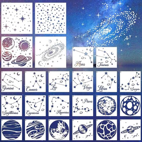 Reusable Star Painting Stencil Set - 24 Pcs Astronomy Planet Reusable Painting Template for Journal Canvas Decoration, Zodiac Signs Drawing Art Stencils for DIY Home Wooden Wall Floor Decor in Saudi Arabia