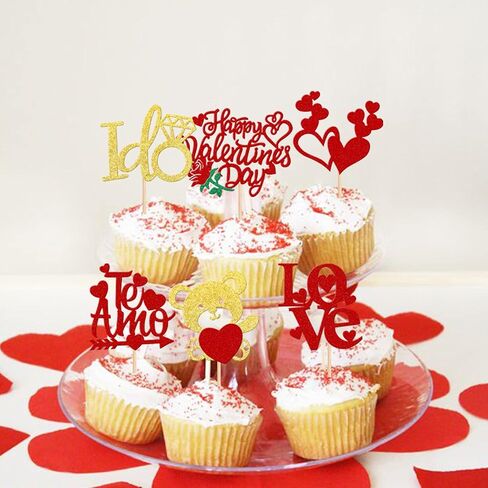36 PCS Happy Galentine's Day Cupcake Toppers Glitter Sweet Love Valentine Cupcake Picks Valentine's Day Theme Birthday Party Cake Decorations Supplies Pink in Kuwait