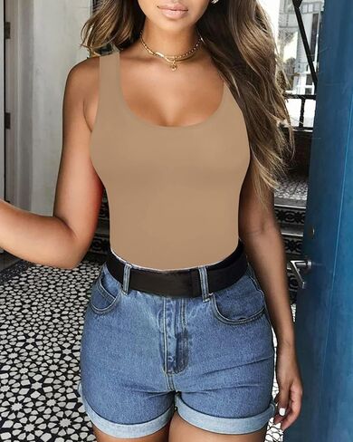 MANGOPOP Womens Scoop Neck Sleeveless Tank Top Bodysuits Sexy Ribbed Backless Body Suits Upgraded Fabric(White, X-Small) in Saudi Arabia