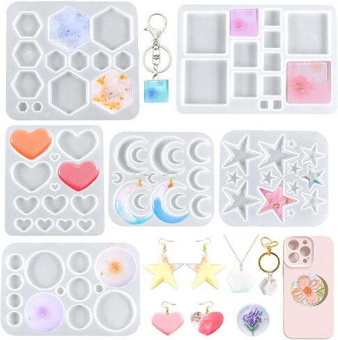 6 PCS راتنجات المجوهرات قوالب متعددة الوظيفية صغيرة السيليكون قرط الراتينج لقوالب سداسية مستديرة القمر القمر بنتاغرا in Kuwait