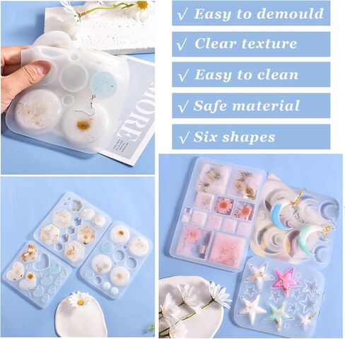6 PCS راتنجات المجوهرات قوالب متعددة الوظيفية صغيرة السيليكون قرط الراتينج لقوالب سداسية مستديرة القمر القمر بنتاغرا in Kuwait
