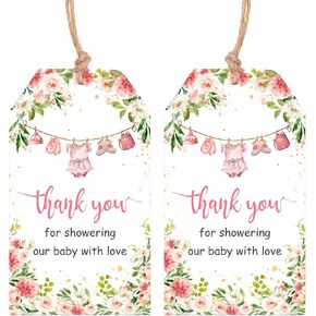 Serencatcher Baby Shower Thank You Tags Girl, 50pcs Pink Floral Girl Clothes Thank You Tags with String Thank You for Showering Our Baby with Love Gift Tags for Baby Shower Party Favors