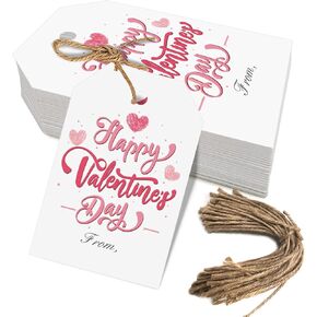 Happy Valentines Day Tags, Valentines Day Gift Tags with String for Sweet Themed Party or Valentine' Day Thank You Gift Tags Great for Party Favors (Happy Valentine)