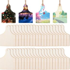 40 PCS Wooden Cow Ear Tags for Craft Unfinished Wood Hanging Wooden Tags, DIY Wooden Blank Tags Craft Supplies with Hole Rope, Tags Farmhouse Thanksgiving, Home Party, Christmas Birthday Party Decor