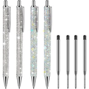 Ireer 4 Pcs Bling Rhinestone Sparkly Pens for Women Diamond Ink Crystal Glitter Metal Ballpoint Bedazzled Fancy Pens 4 Pcs 1.0mm Refills(Silver, AB Silver)