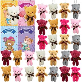 28PCS Valentine's Day Gift Cards Plush Bear Stuffed Keychain Toys, Mini Stuffed Animal Plush Toys Keychains for Kids School Classroom Rewards, Valentine's Gifts Exchange, Valentines Party Favor