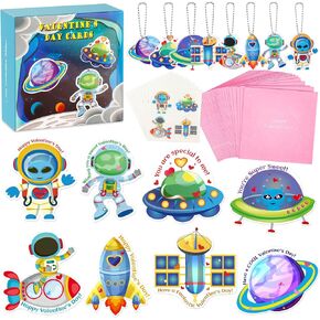 Valentines Day Cards for Kids - 32 Valentine Cards + 32 Cute Keychains + 32 Gift Envelopes with Temporary Tattoos, Perfect Space Flight Theme Greeting Exchange Cards for Classmates Party Favors