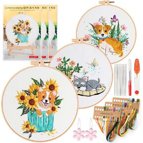 XSYXSLYT 3 Sets Embroidery Kit,Cross Stitch Kits for Beginners,Stamped Sunflower Flower Dog Pattern,Needlepoint Kits for Adults,2 Embroidery Hoop,Needle,Women DIY Sewing Hobby