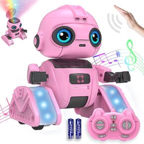Remote Control Starlight Projection Robot Toys, Gesture Sensing/RC Dual Control Rechargeable Robots for 3-9 Years Kids，Music and Lights,Dance，Charging Safety，Gift for Girls/Boys (Pink)