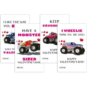 40 Pcs Monster Truck Valentine's Day Gift Tag Stickers, Name Labels Sticker for Envelope Seal Card, Kid Boy Girl Gift Wrapping Favor, Valentine's Day Party Activity Decor Supplies, 4 Designs - 03